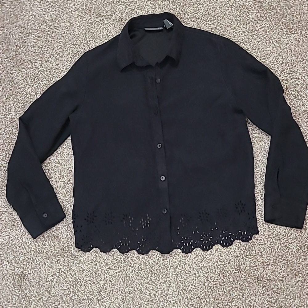 Relativity suede feel black button down laser cut eyelet floral pattern hem top - Picture 3 of 4